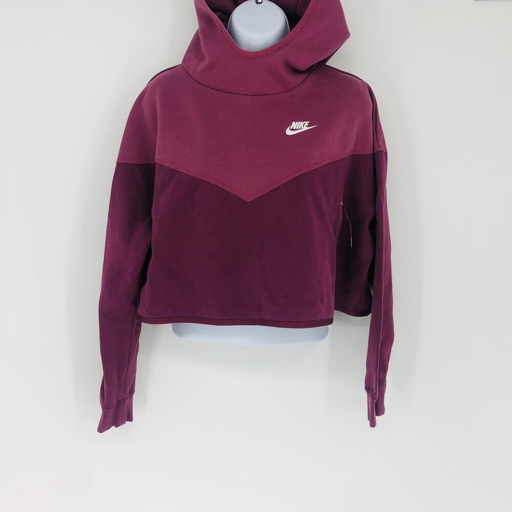 Nike Women's Two Tone Hooded Cropped Sweatshirt Hoodie Burgundy/Wine M/M
